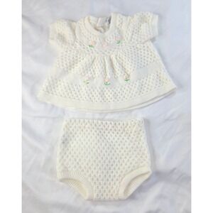 Vintage Baby Girl 12 Month Knitted Sweater Pantie Set White Acrylic K-Mart 1980s